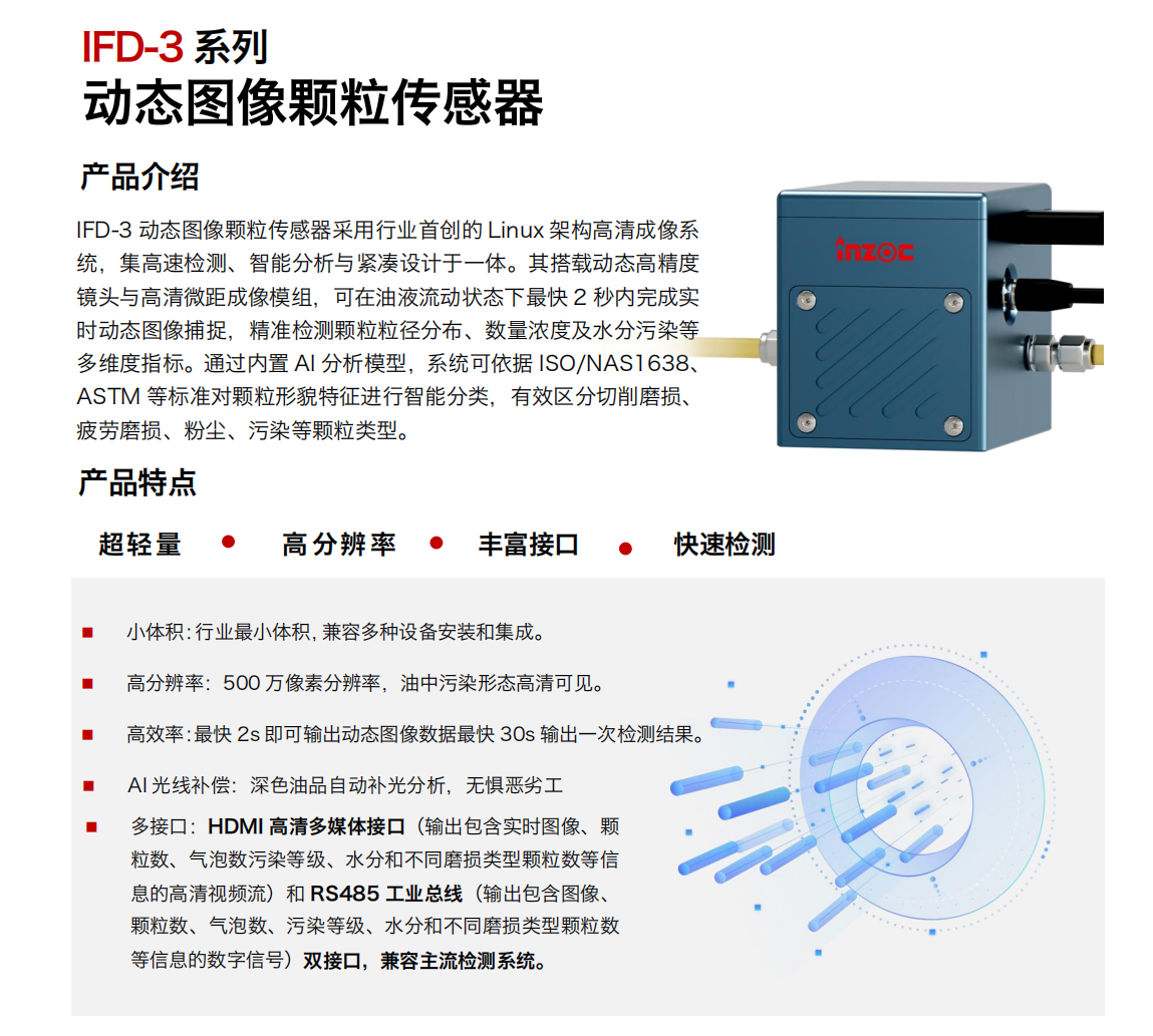 IFD-3系列動態圖像顆粒傳感器采用行業首創的 Linux 架構高清成像系統，集高速檢測、智能分析與緊湊設計于一體。其搭載動態高精度鏡頭與高清微距成像模組，可在油液流動狀態下最快 2 秒內完成實時動態圖像捕捉，精準檢測顆粒粒徑分布、數量濃度及水分污染等多維度指標。通過內置 AI 分析模型，系統可依據 ISO/NAS1638、ASTM 等標準對顆粒形貌特征進行智能分類，有效區分切削磨損、疲勞磨損、粉塵、污染等顆粒類型。